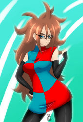 Rule 34 | 1girl, absurdres, android 21, blue eyes, brown hair, dragon ball, dragon ball fighterz, dress, highres, pantyhose, red hair, solo, zy (zyyyyyyy9), zylladys, zylly