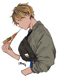 Rule 34 | 1boy, black bag, blonde hair, eating, food, given, holding, holding food, holding pizza, kashima hiiragi (given), kizu natsuki, male focus, multicolored hair, pizza, pizza slice, simple background, solo, streaked hair, white background, yellow eyes