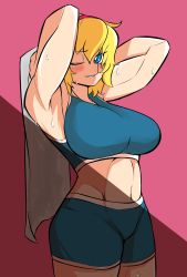 Rule 34 | 1girl, alice margatroid, armpits, blonde hair, blue eyes, blue shorts, blue sports bra, blush, breasts, bright pupils, commentary request, cookie (touhou), cowboy shot, grin, hair between eyes, highres, holding, holding towel, jijii (nicoseiga91467756), large breasts, looking at viewer, midriff, muscular, muscular female, navel, one eye closed, parody, pink background, sakuranbou (cookie), scotch (cookie) (style), short hair, shorts, smile, solo, sports bra, style parody, sweat, touhou, towel, white pupils