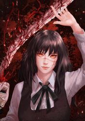 Rule 34 | 1girl, absurdres, black hair, blood, blood splatter, chainsaw man, collared shirt, cross scar, facial scar, guro, highres, honey brush, long hair, looking at viewer, neck ribbon, ribbon, ringed eyes, scar, scar on cheek, scar on face, scar on nose, severed head, shirt, spine, stylized blood, yoru (chainsaw man)