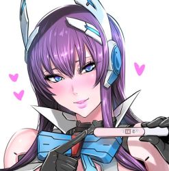 Rule 34 | 1girl, bare shoulders, black gloves, blue eyes, blush, eyebrows, fei (maidoll), gloves, head tilt, headgear, heart, lips, lipstick, looking at viewer, lowres, makeup, parted lips, phantasy star, phantasy star online 2, pointing, portrait, pregnancy test, purple eyes, solo, white background