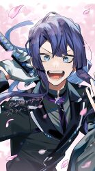 2boys :d black_jacket blue_eyes floating_hair gloves grey_gloves grey_shirt hand_up highres jacket kaida_haru kaida_haru_(1st_costume) katana long_hair looking_at_viewer male_focus multiple_boys nagao_kei nijisanji ninahachi open_mouth petals purple_hair shirt smile solo_focus sword twitter_username upper_body v-shaped_eyebrows very_long_hair virtual_youtuber weapon weapon_on_back