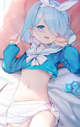 Rule 34 | 1girl, :d, absurdres, arona (blue archive), blue archive, blue eyes, blue hair, blue shirt, blush, bow, bow hairband, bowtie, bra, bra peek, choker, clothes lift, colored inner hair, crop top, crystal, flat chest, gluteal fold, groin, hair over one eye, hairband, has bad revision, has downscaled revision, highres, long sleeves, lying, md5 mismatch, multicolored hair, navel, on back, one eye covered, open mouth, panties, panty peek, pink hair, pink panties, resolution mismatch, sailor collar, shirt, skirt, skirt lift, smile, solo, somray, source smaller, stomach, sunlight, swept bangs, two-tone hair, underwear, white bow, white bowtie, white bra, white choker, white sailor collar