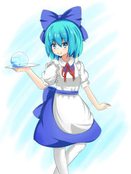 Rule 34 | 1girl, apron, blue background, blue eyes, blue hair, cirno, dress, gradient background, hair ribbon, ice, looking at viewer, pantyhose, puffy short sleeves, puffy sleeves, ribbon, rurikitsune, short hair, short sleeves, simple background, smile, solo, touhou, tray, waitress, white pantyhose