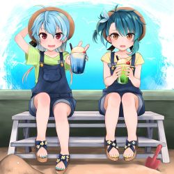 Rule 34 | 2girls, absurdres, ahoge, alternate costume, bear, bench, blonde hair, blue hair, blue ribbon, blush, bow, brown eyes, cherry, commentary request, denim, denim shorts, drink, fang, fangs, flat chest, flower, food, fruit, fukae (kancolle), gradient hair, hat, highres, holding, ice cream, kantai collection, long hair, looking at viewer, multicolored hair, multiple girls, nail polish, open mouth, overall shorts, overalls, red eyes, ribbon, sado (kancolle), sand, sandals, shirt, short hair, short sleeves, shorts, shovel, sitting, smile, t-shirt, yunamaro