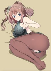Rule 34 | 10s, 1girl, alternate costume, ass, backless outfit, belt, blue eyes, blush, breasts, brown background, brown hair, clothes pull, covering privates, covering crotch, dress, feet, full body, halterneck, hat, highres, kantai collection, large breasts, long hair, looking at viewer, lying, meme attire, nylon (nylon 100%), on side, pantyhose, red belt, saratoga (kancolle), shadow, side ponytail, sideboob, simple background, smokestack, solo, sweater, sweater dress, sweater pull, turtleneck, turtleneck sweater, virgin killer sweater