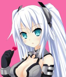 Rule 34 | 10s, 1girl, :o, aqua eyes, black heart (neptunia), blue eyes, breasts, candy, cleavage, cleavage cutout, clothing cutout, elbow gloves, female focus, food, gloves, hair ornament, kami jigen game neptune v, large breasts, lollipop, long hair, looking at viewer, neptune (series), noire (neptunia), open mouth, sarvuant, simple background, solo, symbol-shaped pupils, twintails, upper body, very long hair, white hair