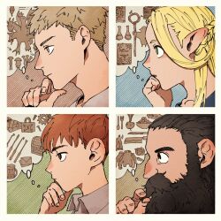 Rule 34 | 1girl, 3boys, beard, beard over mouth, blonde hair, chilchuck tims, dungeon meshi, dwarf, elf, facial hair, fake horns, food, from side, golem, helmet, highres, horned helmet, horns, laios touden, long beard, marcille donato, mnmnmnt o, monster, multiple boys, mustache, pointy ears, profile, senshi (dungeon meshi), sideburns, split screen, staff, thick mustache, thinking, thought bubble, treasure chest