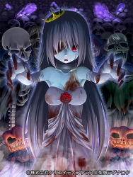 Rule 34 | 1girl, bandage over one eye, blood on clothes, blood on hands, elbow gloves, gloves, grey hair, jack-o&#039;-lantern, long hair, pochadon, red eyes, seiten ragnarok, skeleton, solo focus, torn clothes, torn gloves, undead, zombie