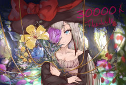 Rule 34 | 1girl, bare shoulders, black hat, blue eyes, blue flower, blue rose, bouquet, bow, collarbone, commentary request, day, dress, ears visible through hair, flower, forest, grey dress, grey hair, hat, hat bow, highres, long hair, mathiamo13, milestone celebration, multicolored hair, nature, original, outdoors, pointy ears, purple flower, purple tulip, red bow, red hair, rose, solo, strapless, strapless dress, streaked hair, thank you, tree, tulip, upper body, witch hat, yellow flower