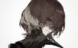 Rule 34 | 1boy, akechi gorou, brown hair, commentary, from behind, hair between eyes, light brown hair, looking at viewer, male focus, parted lips, persona, persona 5, profile, red eyes, short hair, simple background, smile, smirk, solo, va ccu, white background