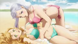 Rule 34 | 2girls, anime screenshot, beach, bikini, black clover, breasts, cousins, curvy, green eyes, grey hair, huge breasts, large breasts, long hair, looking at viewer, mimosa vermillion, multiple girls, noelle silva, official art, orange hair, outdoors, purple eyes, shiny skin, size difference, swimsuit, thick thighs, thighs, twintails, water, wavy hair, wet