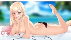 Rule 34 | 1girl, absurdres, ass, bare shoulders, barefoot, bikini, black bikini, blonde hair, blurry, blurry background, blush, breasts, butt crack, castell, cleavage, earrings, feet, highres, jewelry, kitagawa marin, large breasts, long hair, looking at viewer, lying, necklace, on stomach, open mouth, red eyes, smile, soles, solo, sono bisque doll wa koi wo suru, swimsuit, the pose, toes, untied bikini