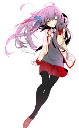 Rule 34 | 1girl, blush, closed eyes, d-ne, facing viewer, long hair, naoto (tulip), pantyhose, purple hair, shuuen no shiori project, simple background, skirt, smile, solo, white background