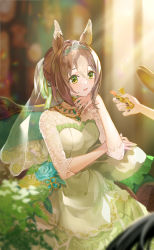 Rule 34 | 1girl, 1other, animal ears, blurry, blurry background, breasts, bridal veil, brown hair, cosmetics, couch, dress, dress flower, fine motion (titania) (umamusume), fine motion (umamusume), green dress, green eyes, highres, horse ears, horse girl, horse tail, jewelry, lipstick tube, multicolored hair, necklace, open mouth, short hair, sitting, small breasts, smile, solo focus, tail, tiara, two-tone hair, umamusume, veil, wedding dress, yoshida (ne)
