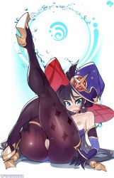Rule 34 | 1girl, aqua eyes, ass, bare shoulders, black gloves, black hair, black pantyhose, cleft of venus, collarbone, commentary, detached sleeves, earrings, english commentary, full body, genshin impact, gloves, hand on own thigh, hat, high heels, highres, jewelry, krokobyaka, leg up, legs, long hair, looking at viewer, mona (genshin impact), nipples, open mouth, pantyhose, pussy, solo, sparkle print, star (symbol), star earrings, thighs, water, water drop, wavy mouth, wet, wet clothes, witch hat