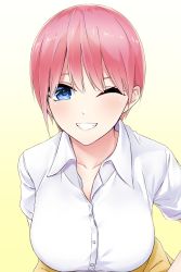 Rule 34 | 1girl, ;d, absurdres, blue eyes, breasts, cardigan, cardigan around waist, clothes around waist, commentary request, go-toubun no hanayome, grin, highres, large breasts, looking at viewer, nakano ichika, one eye closed, open mouth, pink hair, school uniform, shirt, short hair, smile, solo, teeth, white shirt, yumemo