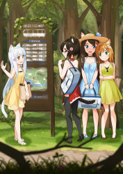 Rule 34 | 4girls, :d, absurdres, aina (mao lian), animal ear fluff, animal ears, bag, black footwear, black legwear, blue dress, blue eyes, blue footwear, blue hair, blurry, blurry foreground, brown eyes, brown footwear, brown hair, bus stop, cat ears, cat tail, closed mouth, depth of field, dress, ears through headwear, forest, green dress, green eyes, hair ornament, hairclip, hat, highres, holding, long hair, mao lian (nekokao), map, multiple girls, nature, open mouth, orange hair, original, outdoors, ponytail, red dress, shoes, shoulder bag, side slit, sign, smile, standing, sun hat, tail, thighhighs, tree, white footwear
