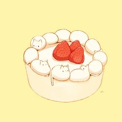 Rule 34 | animal, cake, cat, chai (drawingchisanne), dessert, food, food focus, fruit, no humans, original, pastry, strawberry, strawberry shortcake, whipped cream, white cat