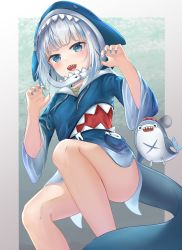 Rule 34 | 1girl, :d, animal hood, bloop (gawr gura), blue eyes, blue hair, blue hoodie, blue nails, claw pose, commentary, drawstring, feet out of frame, fins, fish tail, gawr gura, gawr gura (1st costume), hands up, highres, hololive, hololive english, hood, hood up, hoodie, long sleeves, looking at viewer, multicolored hair, nail polish, open mouth, shark hood, shark tail, sharp teeth, silver hair, smile, sprygon, streaked hair, tail, teeth, v-shaped eyebrows, virtual youtuber, wide sleeves