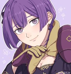 Rule 34 | bernadetta von varley, bow, breasts, cleavage, close-up, earrings, fire emblem, fire emblem: three houses, gloves, grey eyes, hair bow, highres, jewelry, looking at viewer, nintendo, peach11 01, purple gloves, purple hair, purple shirt, shirt, short hair, smile, solo, two-tone gloves, yellow gloves