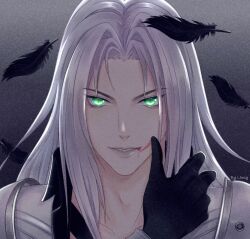 Rule 34 | 1boy, armor, bishounen, black feathers, black gloves, blood, blood from mouth, falling feathers, feathers, final fantasy, final fantasy vii, final fantasy vii remake, gloves, glowing, glowing eyes, gradient background, green eyes, grey background, grey hair, highres, island542, long bangs, long hair, looking at viewer, male focus, parted bangs, parted lips, sephiroth, shoulder armor, slit pupils, solo, upper body, wiping mouth