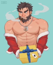 Rule 34 | 1boy, abs, bad id, bad pixiv id, bara, beard, black hair, cerberus arts, cigar, ded (housamo), facial hair, gift, green eyes, large pectorals, male focus, manly, muscular, nipples, partially undressed, pectorals, revealing clothes, santa costume, simple background, solo, tokyo houkago summoners, undressing, upper body