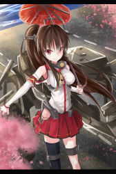 Rule 34 | 10s, 1girl, bad id, bad nicoseiga id, bare shoulders, breasts, brown hair, cherry blossoms, flower, hair flower, hair ornament, japanese clothes, kantai collection, long hair, looking at viewer, oil-paper umbrella, personification, ponytail, red eyes, rin yuu, single thighhigh, skirt, smile, solo, thighhighs, umbrella, yamato (kancolle)