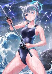 Rule 34 | 1girl, absurdres, animal ear fluff, animal ears, black one-piece swimsuit, blue archive, blue eyes, breasts, cloud, cloudy sky, competition swimsuit, covered navel, cross hair ornament, dark clouds, extra ears, fishing rod, grey hair, hair ornament, halo, highres, lightning, low ponytail, medium breasts, medium hair, mismatched pupils, multicolored clothes, multicolored swimsuit, noomaru (nomorepeople), official alternate costume, one-piece swimsuit, outdoors, rain, rock, shiroko (blue archive), shiroko (swimsuit) (blue archive), sky, solo, standing, storm, storm cloud, swimsuit, waves, wolf ears