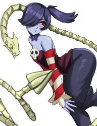 Rule 34 | 1girl, ass, blue hair, blue skin, blush, cawfield, colored skin, detached collar, detached sleeves, from side, hands on own knees, leviathan (skullgirls), pursed lips, red eyes, side ponytail, skullgirls, solo, squigly (skullgirls), striped, white background