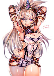 Rule 34 | 1girl, armpits, arms behind head, arms up, artist name, blonde hair, breasts, cleavage, covered navel, cowboy shot, dated, hairband, highres, horns, kirin (armor), large breasts, long hair, looking at viewer, medium breasts, monster hunter (series), open mouth, purple eyes, rondo bell, simple background, single horn, solo, thighs, very long hair, white background