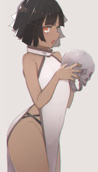 Rule 34 | 1girl, :o, bare arms, bare hips, bare shoulders, black hair, covered navel, dress, from side, grey background, holding, holding skull, looking at viewer, looking to the side, open mouth, orange eyes, original, pelvic curtain, short hair, simple background, skull, sleeveless, sleeveless dress, solo, tostos, white dress