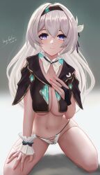Rule 34 | 1girl, absurdres, artist name, blush, breasts, bridal gauntlets, cleavage, dated, detached collar, firefly (honkai: star rail), grey hair, hair between eyes, hairband, hand on own chest, hand on own thigh, highres, honkai: star rail, honkai (series), large breasts, long hair, looking at viewer, meginalter, navel, purple eyes, single bridal gauntlet, sitting, smile, solo, wariza, wrist cuffs