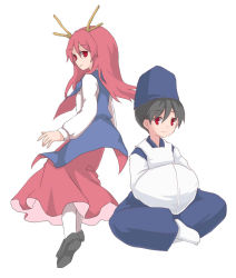 Rule 34 | 1boy, 1girl, black footwear, black hair, blue cape, blue hakama, blue headwear, cape, cocoa (cocoa1qld), commentary request, detached sleeves, ellipsis (mitei), hakama, hakama pants, hands in opposite sleeves, hat, highres, horns, japanese clothes, kariginu, long sleeves, pants, red eyes, red hair, red skirt, shingyoku (female), shingyoku (male), shingyoku (touhou), shirt, short hair, simple background, skirt, socks, tabi, tate eboshi, touhou, touhou (pc-98), white background, white legwear, white shirt, white sleeves, wide sleeves, yellow horns