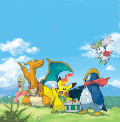 Rule 34 | absurdres, bag, blue sky, charizard, cloud, creatures (company), game freak, gen 1 pokemon, gen 2 pokemon, gen 4 pokemon, grass, highres, legendary pokemon, meganium, mythical pokemon, nintendo, no humans, official art, open mouth, outdoors, pikachu, pokemon, pokemon (creature), pokemon mystery dungeon, pokemon mystery dungeon: explorers of time/darkness/sky, prinplup, red scarf, scarf, shaymin, shaymin (sky), sky, sugimori ken, treasure chest