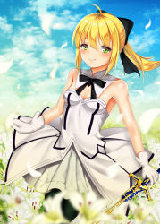 Rule 34 | 1girl, ahoge, armpits, artoria pendragon (all), artoria pendragon (fate), bad id, bad pixiv id, bare arms, black pantyhose, blonde hair, blue sky, blush, bow, bowtie, breasts, cleavage cutout, clothing cutout, day, dress, fate/grand order, fate/stay night, fate/unlimited codes, fate (series), field, flower, flower field, gloves, green eyes, hair bow, highres, holding, holding sword, holding weapon, lily (flower), lily petals, outdoors, pantyhose, ponytail, puririn, saber (fate), saber lily, short hair, sidelocks, sky, small breasts, smile, solo, sword, weapon, white dress, white gloves