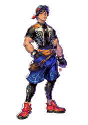 Rule 34 | 1boy, absolum art, absurdres, alternate costume, bag, bandana, belt, black gloves, black leggings, black shirt, blue eyes, blue hair, blue shorts, chrono cross, fishnet top, fishnets, full body, gloves, goggles, goggles on head, hand in pocket, highres, jewelry, leggings, looking to the side, male focus, muscular, muscular male, necklace, orange belt, red bandana, red footwear, redesign, serge (chrono cross), shirt, shoes, short hair, short sleeves, shorts, solo, standing, t-shirt, tooth necklace, white background