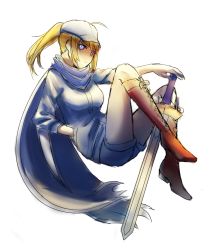 Rule 34 | 1girl, ahoge, artoria pendragon (fate), blonde hair, blue eyes, boots, breasts, fate/grand order, fate (series), hat, long hair, mysterious heroine x (fate), ponytail, saber (fate), scarf, short shorts, shorts, sword, weapon