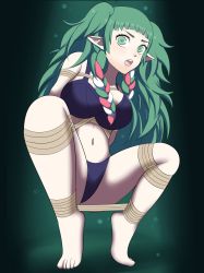 Rule 34 | 1girl, :o, arms behind back, ass, bare shoulders, bdsm, blue panties, blush, bondage, bound, breasts, brown rope, cleavage, dankestofdans, eyeliner, feet, female focus, fire emblem, fire emblem: three houses, green background, green eyes, green hair, highres, intelligent systems, large breasts, lips, long hair, makeup, multicolored hair, navel, nintendo, open mouth, panties, pink hair, pink lips, pointy ears, rope, shiny clothes, shiny skin, sideboob, solo, sothis (fire emblem), spread legs, teeth, thick thighs, thighs, tongue, twintails, underwear, upper teeth only, very long hair, white hair