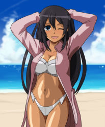 Rule 34 | 1girl, arms behind head, beach, bikini, black hair, blue eyes, breasts, captain earth, cleavage, coat, large breasts, legs, long hair, mutou hana, navel, ocean, one eye closed, open clothes, open coat, smile, solo, swimsuit, tan, thighs, twintails, water, wbd, white bikini, wink