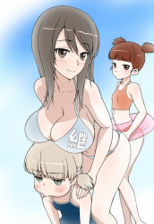 Rule 34 | 10s, 3girls, aki (girls und panzer), aqua bikini, bikini, blue one-piece swimsuit, blunt bangs, breast envy, breast rest, breasts, brown eyes, brown hair, closed mouth, flat chest, girls und panzer, green eyes, hands on another&#039;s shoulders, innertube, kanji, large breasts, leaning forward, light brown hair, long hair, looking at viewer, mika (girls und panzer), mikko (girls und panzer), multiple girls, one-piece swimsuit, orange bikini, pout, red eyes, red hair, short hair, short twintails, small breasts, smile, standing, swim ring, swimsuit, twintails, wata do chinkuru