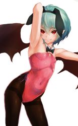 Rule 34 | 1girl, animal ears, armpits, bad id, bad twitter id, bat wings, black bow, black bowtie, black pantyhose, bow, bowtie, breasts, closed mouth, covered navel, detached collar, fake animal ears, fang, fang out, green hair, hair between eyes, hairband, highleg, highleg leotard, kabocha head, leotard, looking at viewer, outstretched arm, pantyhose, pink leotard, playboy bunny, pointy ears, rabbit ears, red eyes, remilia scarlet, short hair, simple background, small breasts, smile, solo, touhou, white background, wings