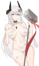 Rule 34 | 1girl, absurdres, arknights, bare arms, bare shoulders, bikini, black choker, blush, breasts, choker, commentary request, cowboy shot, gluteal fold, grey hair, hammer, hand on own chest, highres, holding, holding hammer, holding weapon, horns, jewelry, large breasts, long hair, looking at viewer, material growth, mudrock (arknights), navel, oripathy lesion (arknights), panties, parted lips, pendant, pointy ears, red eyes, sarea (sarea2020), simple background, solo, standing, stomach, swimsuit, thighs, underwear, very long hair, weapon, white background, white bikini, white panties