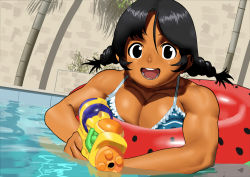 Rule 34 | 1girl, arung samudra (cessa), bikini, black eyes, black hair, breasts, cessa, cleavage, dark-skinned female, dark skin, hair between eyes, innertube, leaf, looking at viewer, muscular, muscular female, ombok diving and delivery services, open mouth, partially submerged, shadow, smile, solo, swim ring, swimsuit, tree, twintails, upper body, water, water gun