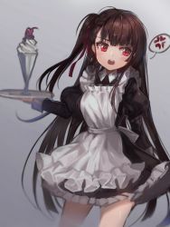 Rule 34 | 1girl, alternate costume, anger vein, apron, arm behind back, blush, brown hair, cherry, dessert, enmaided, eyelashes, food, frills, fruit, girls&#039; frontline, grey background, hair ribbon, holding, holding tray, hyatsu, long eyelashes, long hair, maid, maid apron, open mouth, puffy sleeves, red eyes, red ribbon, ribbon, side ponytail, solo, speech bubble, spoken anger vein, sweat, teeth, tongue, tray, very long hair, wa2000 (girls&#039; frontline), whipped cream, wide ponytail