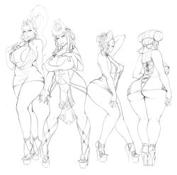 Rule 34 | 4girls, absurdres, arshtat falenas, ass, breasts, cleavage, cross-laced footwear, dress, gensou suikoden, gensou suikoden v, greyscale, headdress, high heels, high ponytail, highres, huge ass, huge breasts, jeane (suikoden), kisara (suikoden), lace-up, legs, lm (legoman), long hair, mature female, md5 mismatch, monochrome, multiple girls, platform footwear, platform heels, ponytail, resized, resolution mismatch, revealing clothes, short dress, short hair, sialeeds falenas, sideboob, simple background, sketch, source smaller, standing, stiletto heels, thick thighs, thighs, upscaled, white background, wide hips