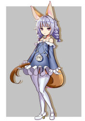 Rule 34 | 1girl, animal ears, bare shoulders, blue hair, braid, dog ears, dress, elin, gloves, high heels, highres, holding tail, kumehara chiyota, long hair, long tail, mary janes, purple eyes, shoes, short dress, solo, tail, tera online, thick thighs, thighhighs, thighs, twin braids, twintails, white thighhighs