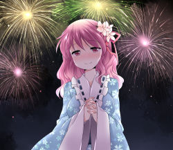 Rule 34 | 1girl, aerial fireworks, alternate hairstyle, bad id, bad pixiv id, fireworks, flower, hair flower, hair ornament, hammer (sunset beach), own hands clasped, japanese clothes, looking at viewer, night, no headwear, no headwear, own hands together, pink eyes, pink hair, saigyouji yuyuko, short hair, smile, solo, touhou