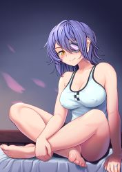 Rule 34 | 1girl, bedroom, blush, breasts, cleavage, closed mouth, covered erect nipples, eyepatch, hair between eyes, headgear, highres, jewelry, kantai collection, large breasts, looking at viewer, on bed, purple hair, ring, saitou teikoku, shirt, short hair, sitting, smile, soles, solo, tenryuu (kancolle), wedding band, white shirt