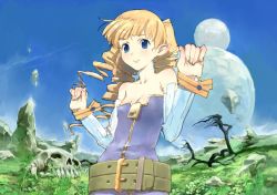 Rule 34 | 1girl, archer (disgaea), bare shoulders, belt, blonde hair, blue eyes, blush, body blush, breasts, cleavage, day, demon girl, detached sleeves, disgaea, drill hair, floating, full moon, grass, leaf, long hair, looking at viewer, moon, nature, nippon ichi, no bra, outdoors, outstretched arms, phantom kingdom, planet, pointy ears, rock, skull, sky, small breasts, smile, solo, spread arms, toi8, tree, twin drills, upper body, wristband, zipper